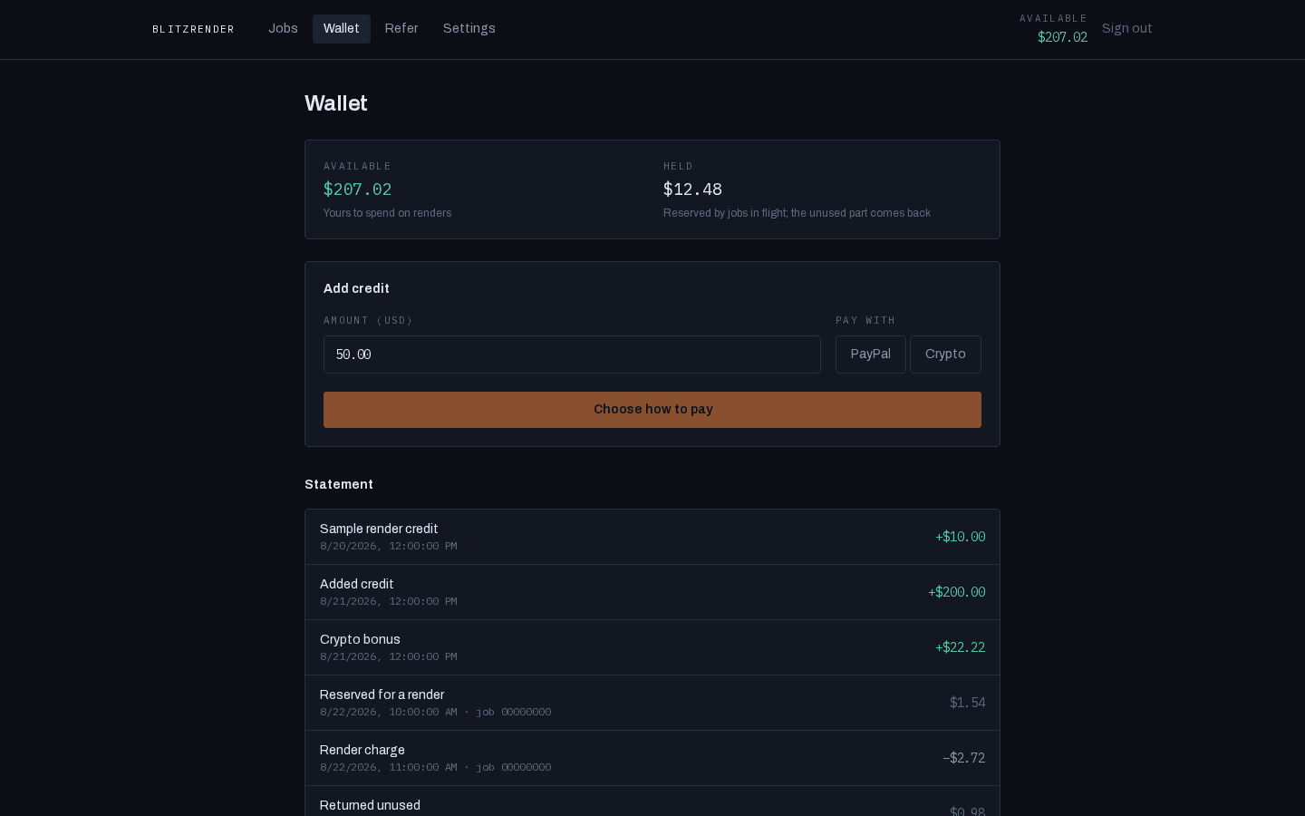 The wallet: balance, held credit, and a top-up form with PayPal and crypto side by side.